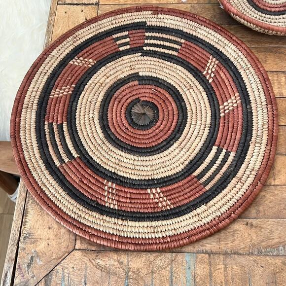 Set Of 3 African Fulani Mbeedu Rounded Flat Bowl Woven Baskets Boho